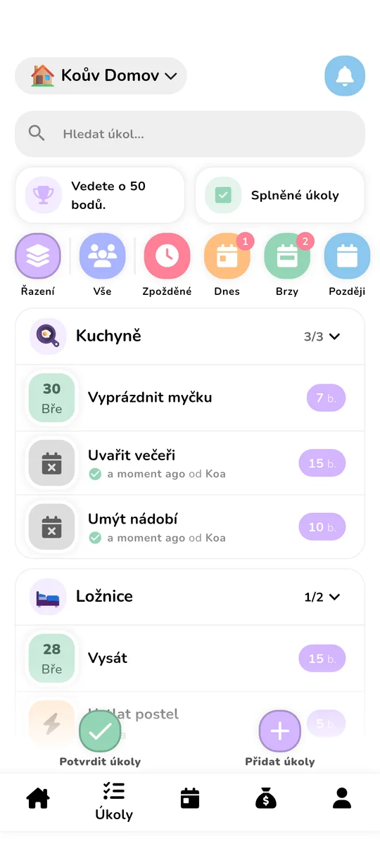 Obrazovka správy úkolů s body a žebříčkem
