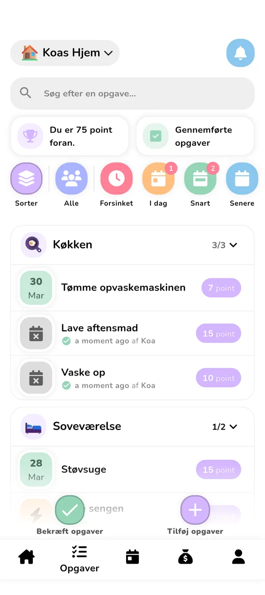 Opgavestyringsskærm med point og ranking