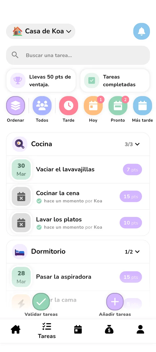 Pantalla de gestión de tareas con puntos y ranking