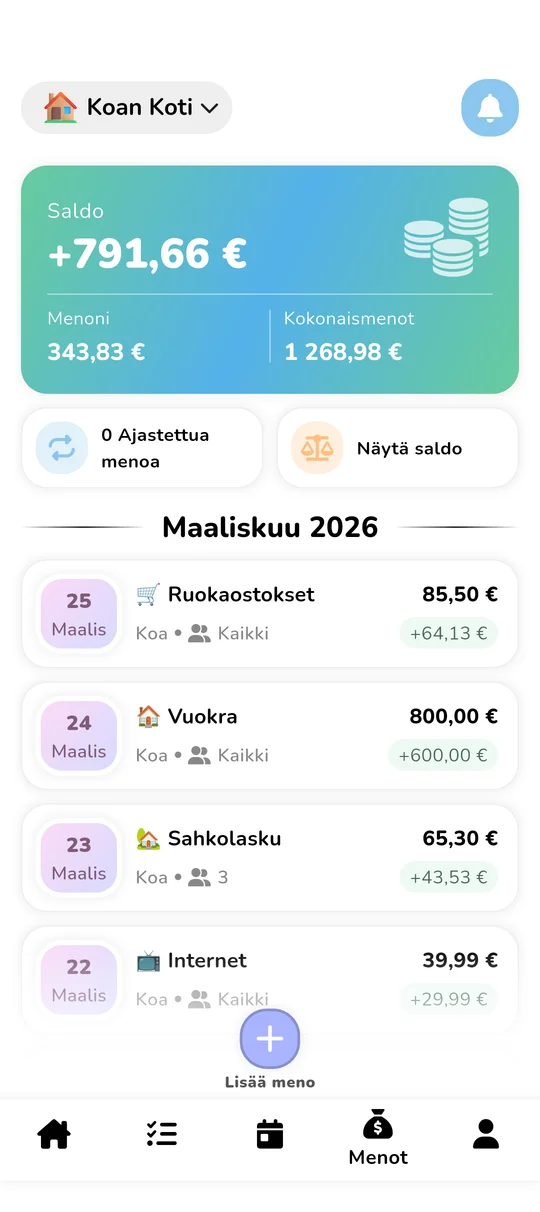 Jaetun budjetin ja kulujen jaon käyttöliittymä
