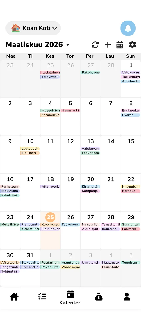 Jaetun perhekalenterin näkymä