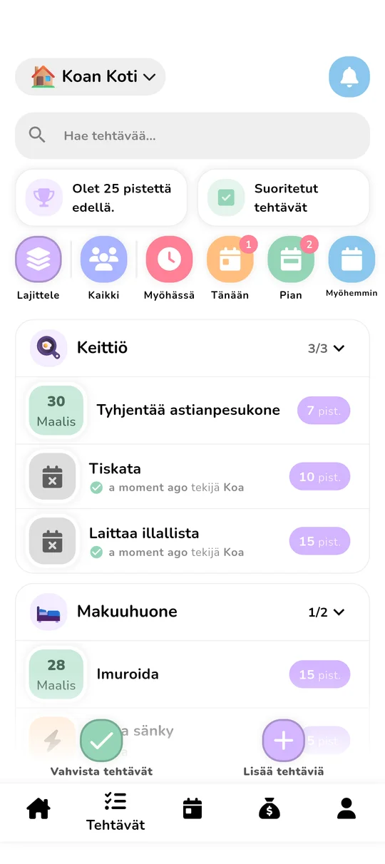 Tehtävienhallintanäyttö pisteillä ja rankingilla