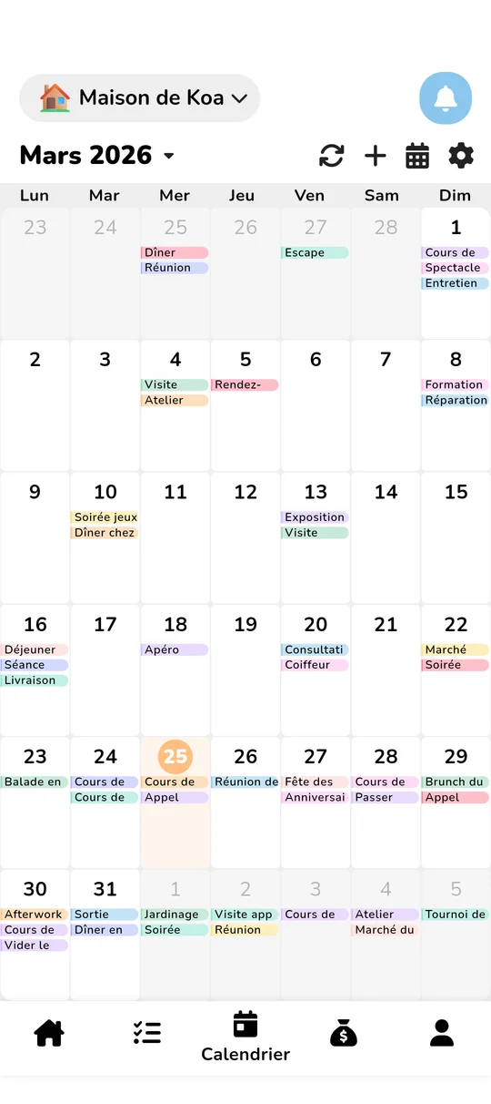Vue du calendrier familial partagé