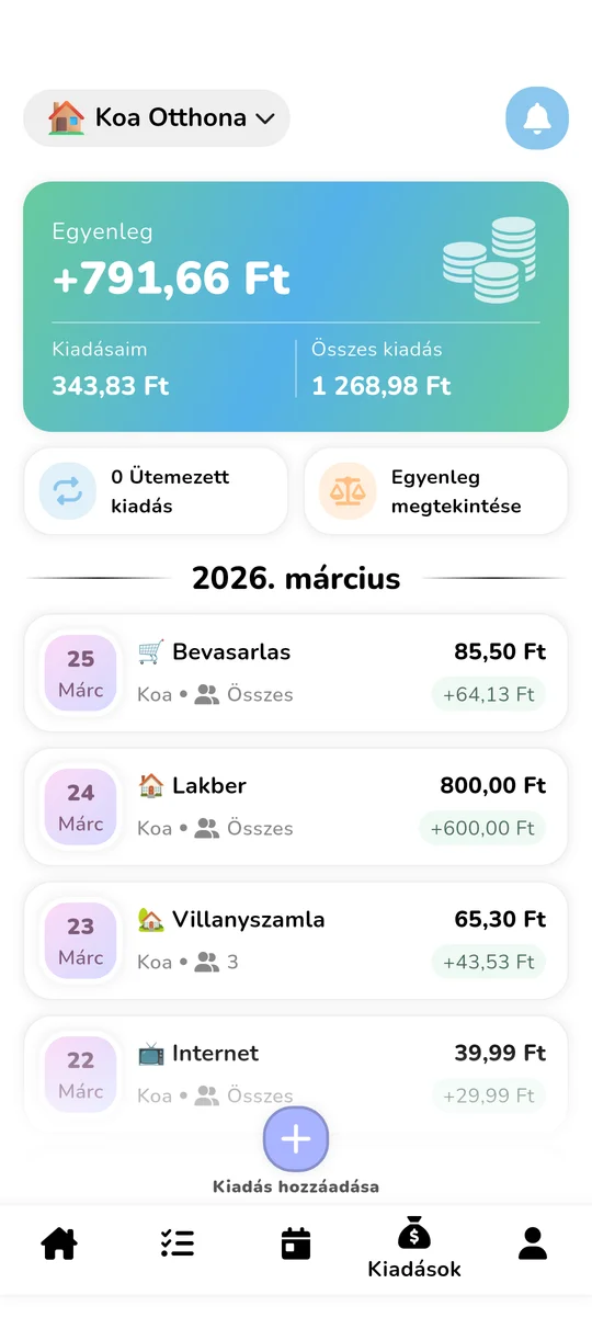 Megosztott költségvetés és költségmegosztás felülete