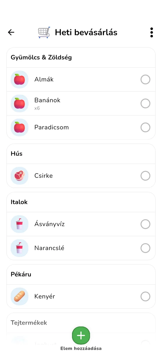 Megosztott bevásárlólista felülete
