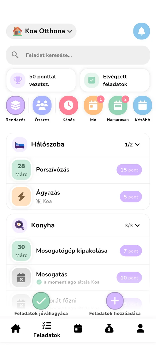 Feladatkezelő képernyő pontokkal és ranglistával