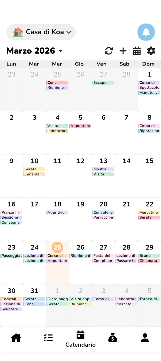Vista del calendario familiare condiviso