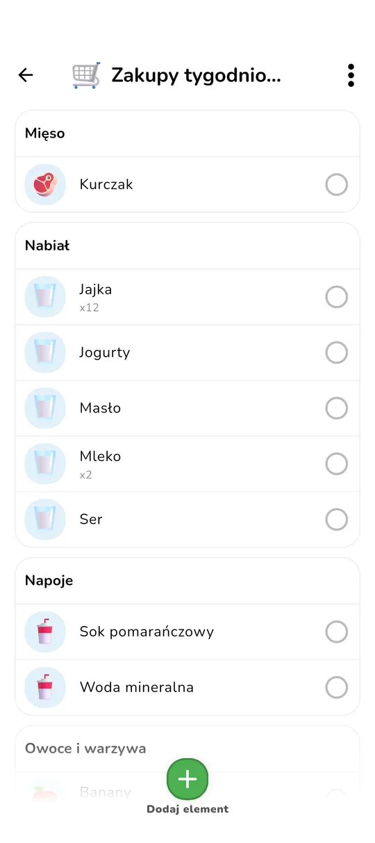 Interfejs wspólnej listy zakupów
