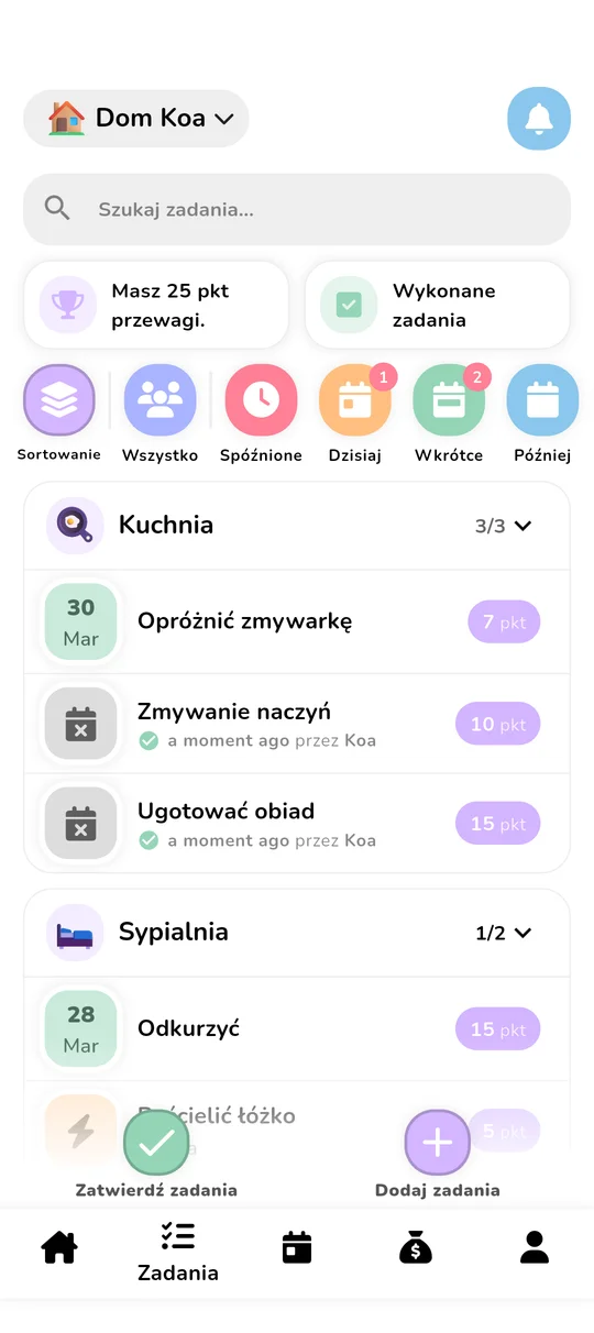 Ekran zarządzania zadaniami z punktami i rankingiem