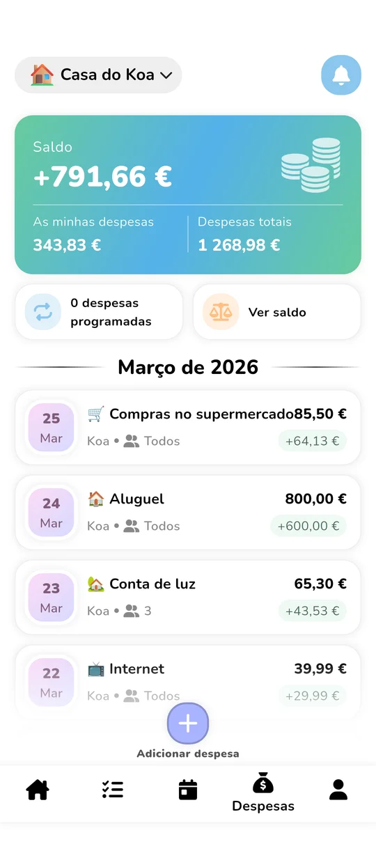 Interface de orçamento compartilhado e divisão de despesas