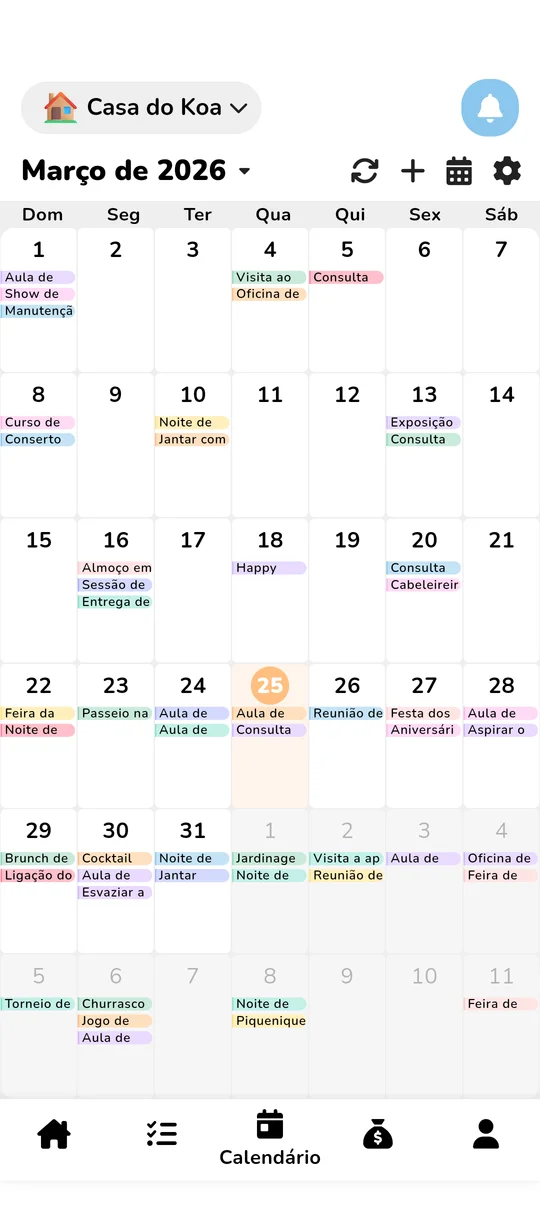 Vista do calendário familiar partilhado