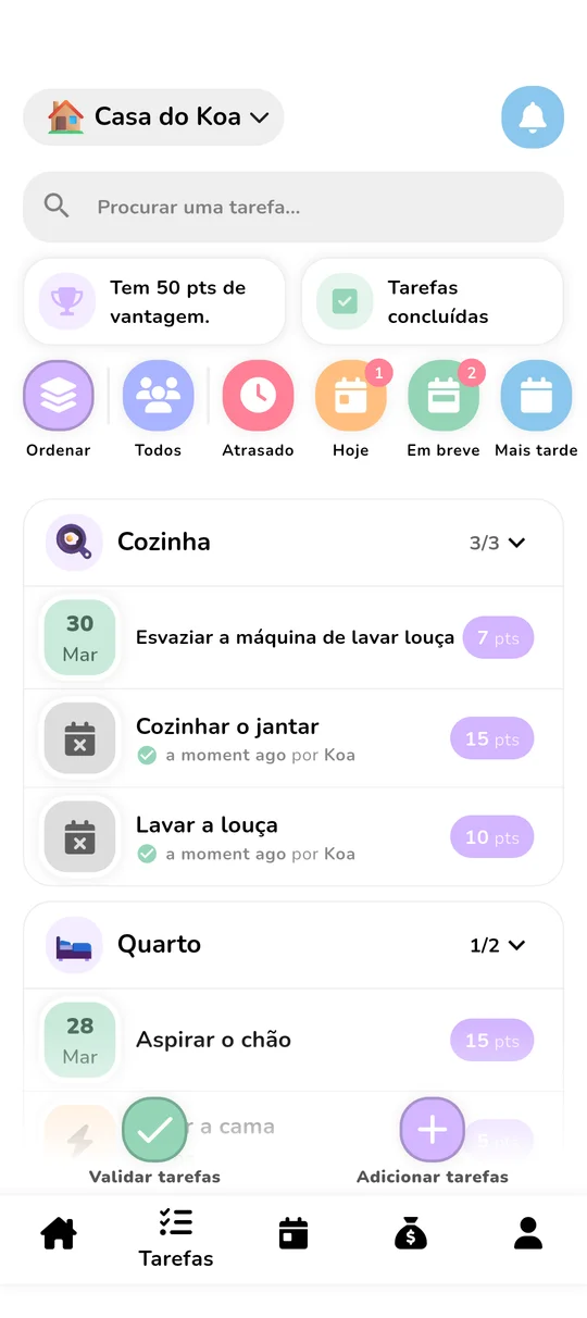 Ecrã de gestão de tarefas com pontos e classificação