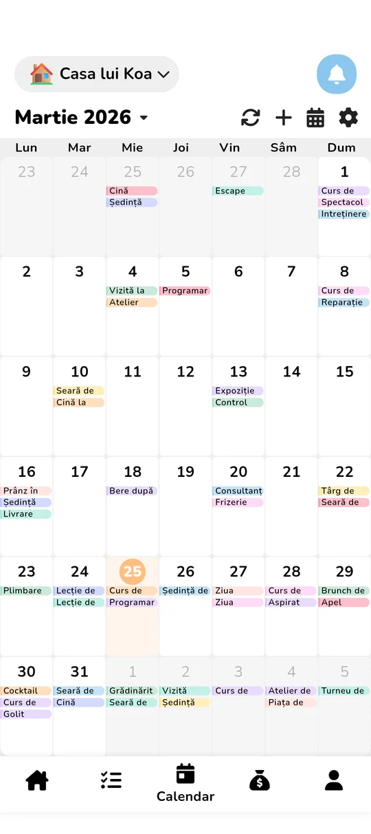 Vizualizarea calendarului familial partajat