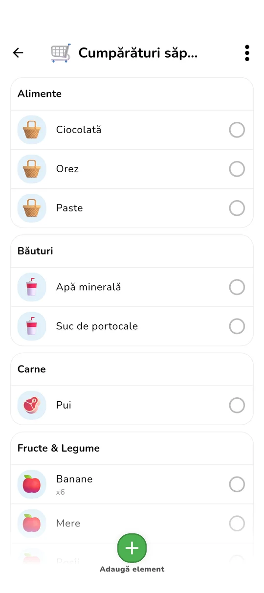 Interfață pentru lista de cumpărături partajată