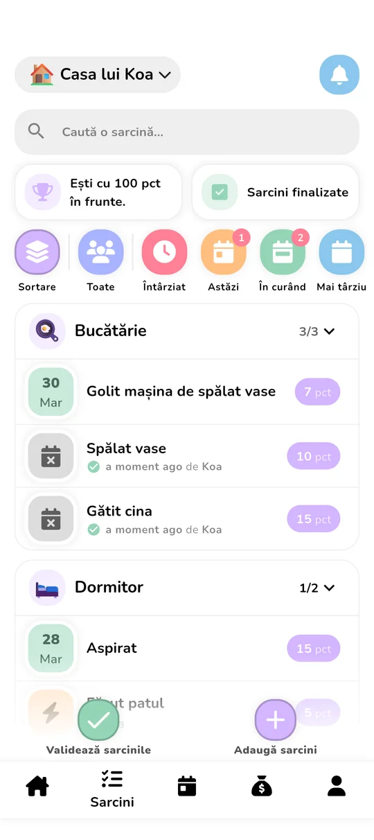 Ecran de gestionare a sarcinilor cu puncte și clasament