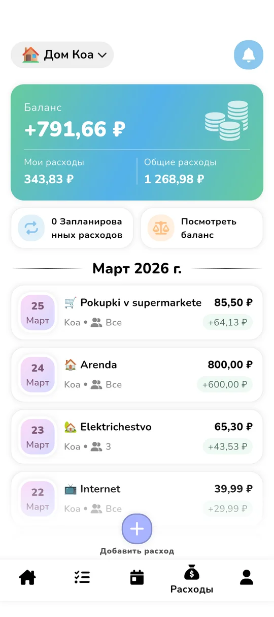 Интерфейс общего бюджета и распределения расходов