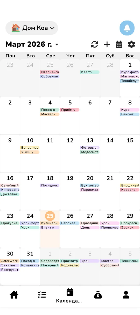 Вид общего семейного календаря