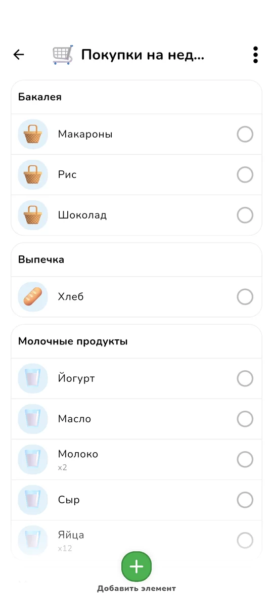 Интерфейс общего списка покупок
